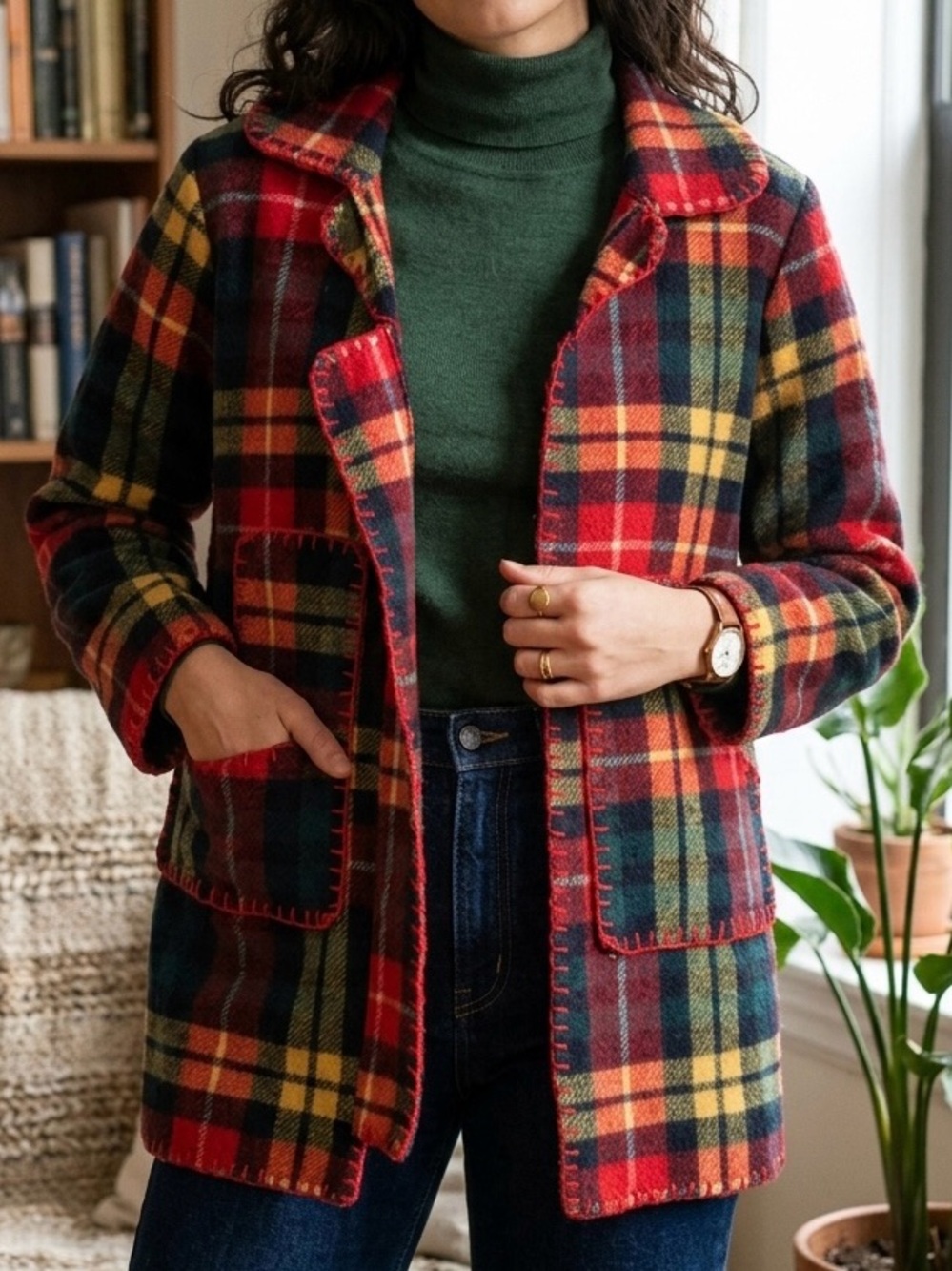 Vintage Handmade Wool Blanket Jacket Red Green Yellow Plaid Long Coat